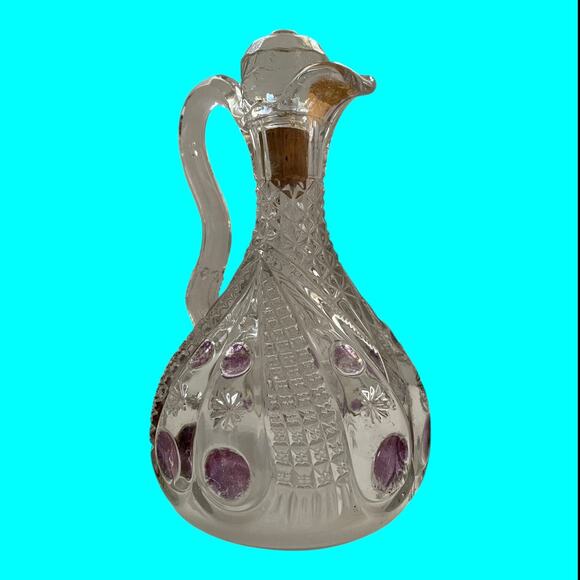 Vtg EAPG Glass Vinegar-Oil Cruet, Stopper Cranberry Flash Pitcher Dimple & Star - Picture 5 of 16